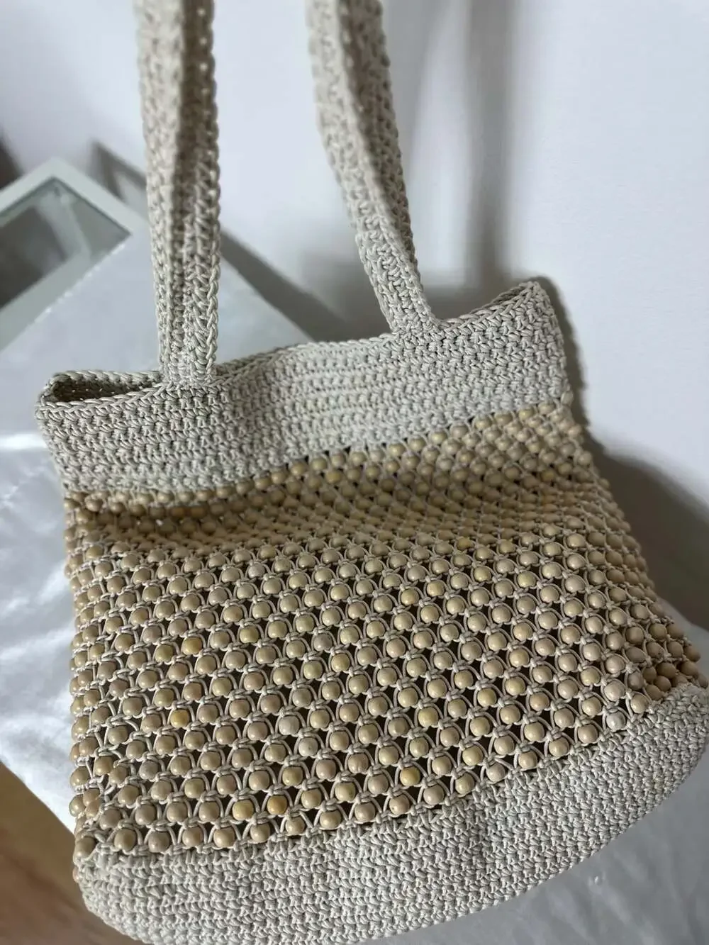Madewell Beaded Crochet Tote Bag Beige
